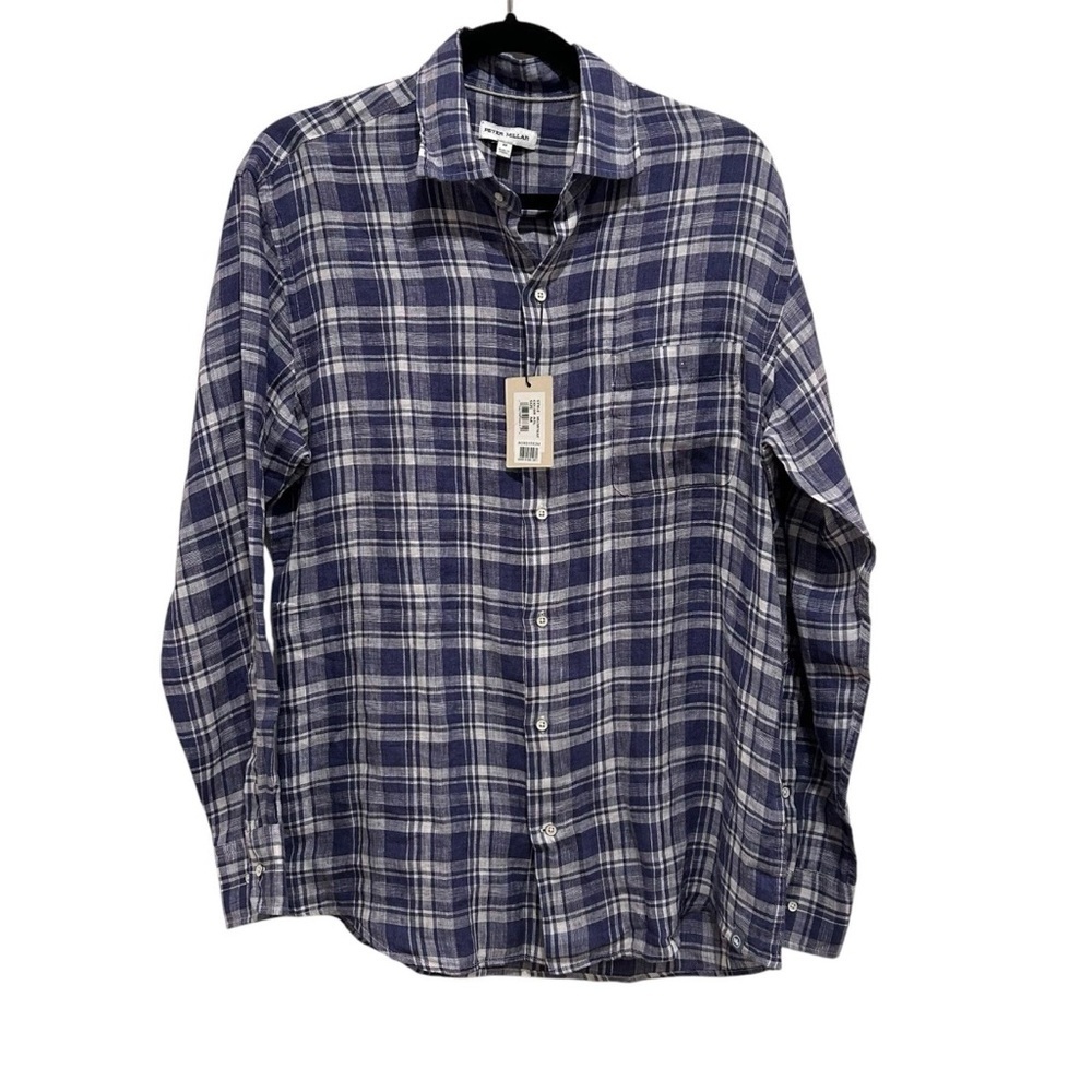 Peter Millar Crown Men's Linen Shirt Size Medium Button Up Check Long Sleeve NWT